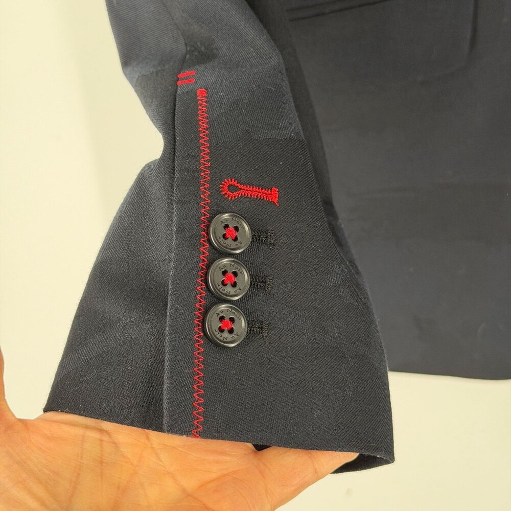 Au Noir Navy Jacquard Red Stitch Accent Two Button Blazer Jacket Men's 42R - Picture 3 of 11